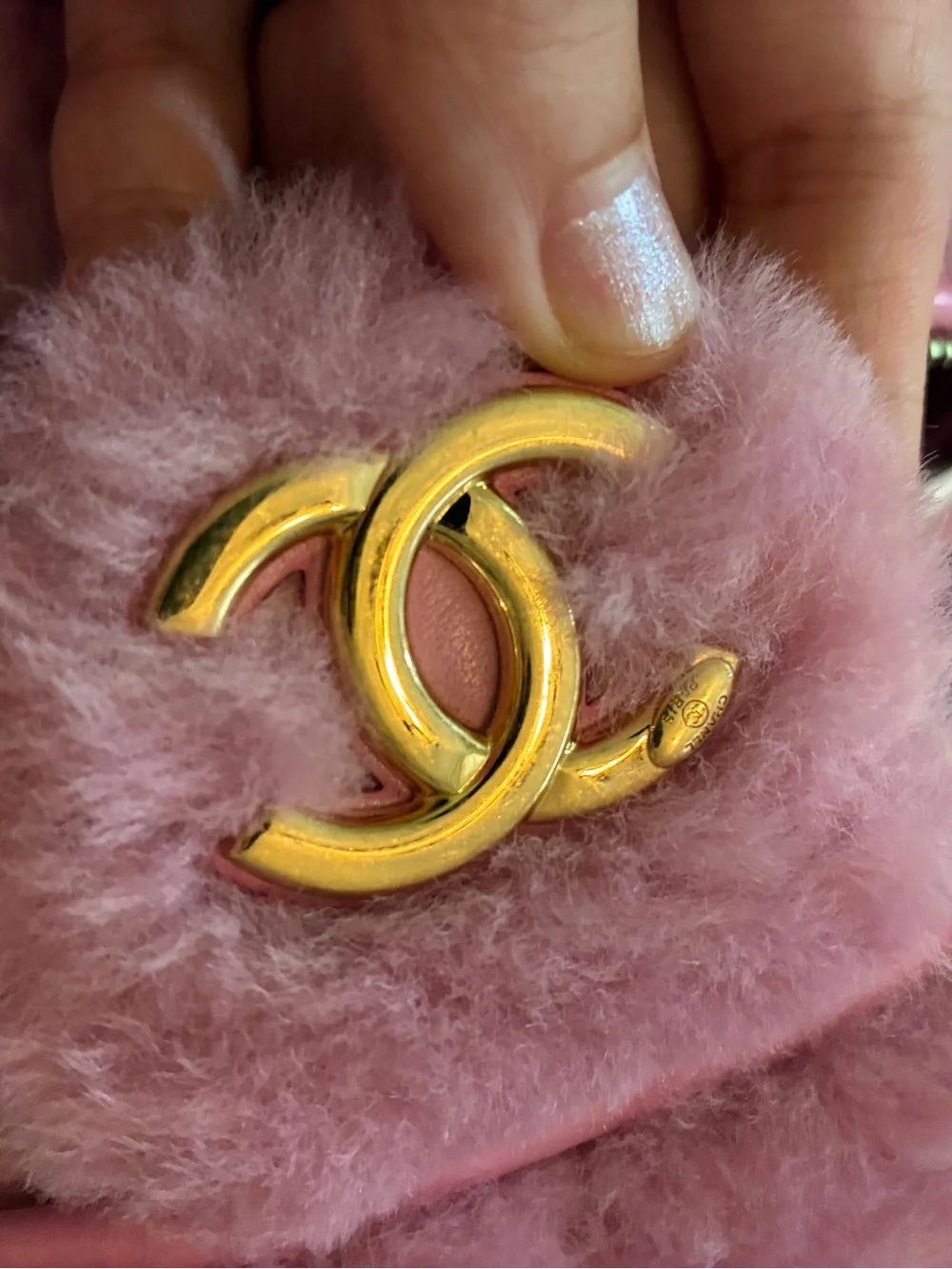 CHANEL Pink Shearling Fur Vanity Bag with Gold CC Hardware